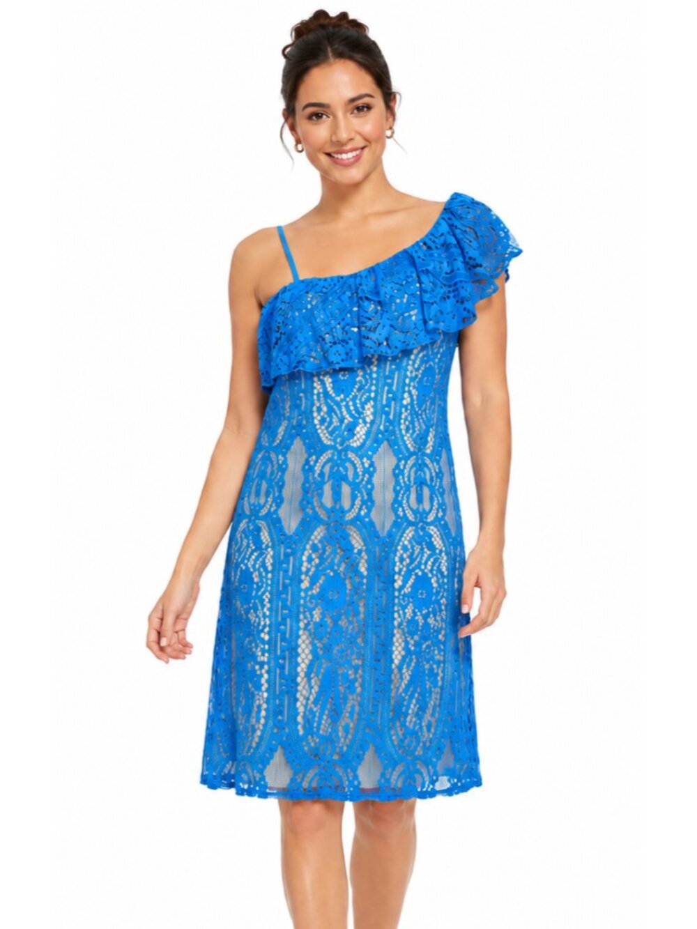 Trixxi Blue Lace One Shoulder Ruffle Shift Dress Size M NWT